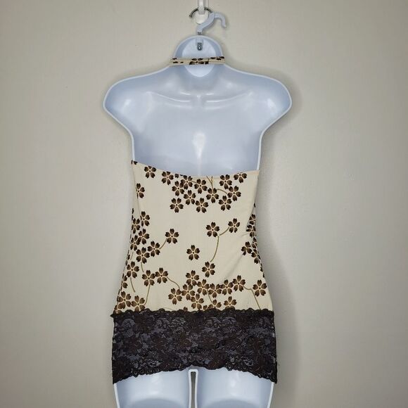 Vintage y2k wet seal tan brown lace floral halter going out top party medium - Picture 2 of 5